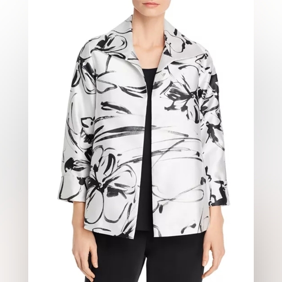 Caroline Rose Floral A-Line Party Dinner Jacket Medium Metallic Silver Black - Picture 1 of 12